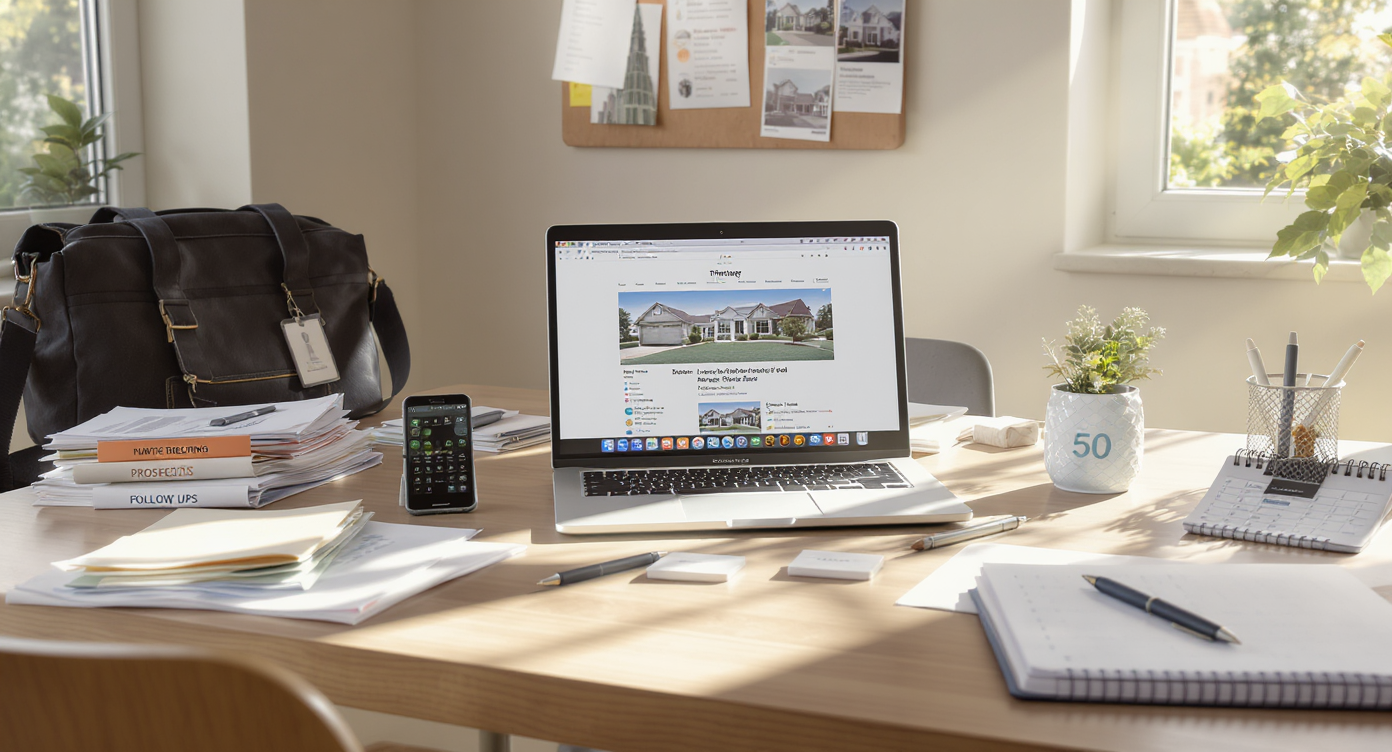 A sunlit, modern realtor's desk with a laptop displaying a property listing, follow-up folders, business cards, and networking notes, conveying real estate work.