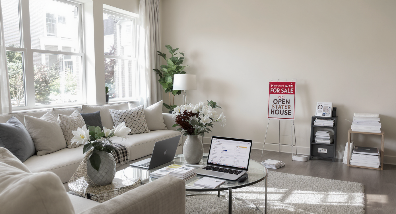 A professionally staged living room set for an open house, featuring marketing materials, a CRM laptop, sign-in flyers, and subtle real estate tools.