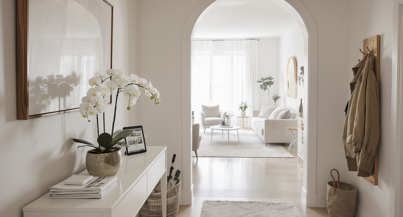 Modern home entryway with a console table displaying real estate newsletters, market reports, and digital tablet, set up for an open house.