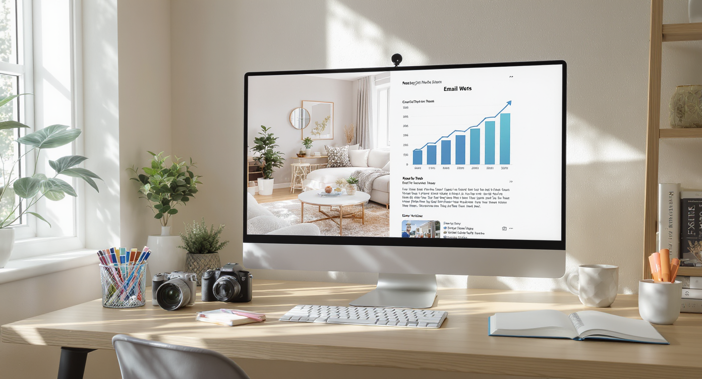 Photorealistic home office showing a computer with real estate content, staging tools, swatches, and brochures under natural sunlight, no people visible.