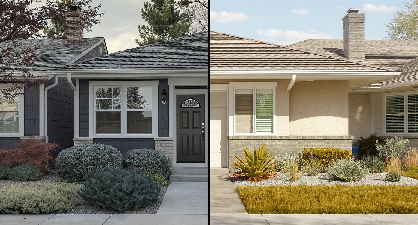 Photorealistic split view of homes in wet and dry climates, showing climate-adapted siding, landscaping, and regional water infrastructure.
