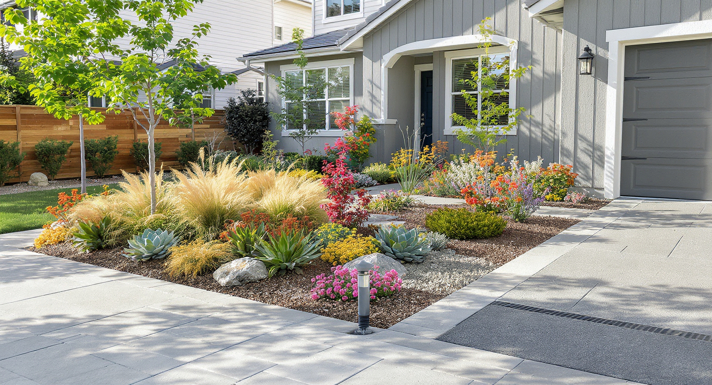 Photorealistic modern home front yard with drought-tolerant native plants, permeable pavers, rain garden, visible drainage, and storm-resistant siding.