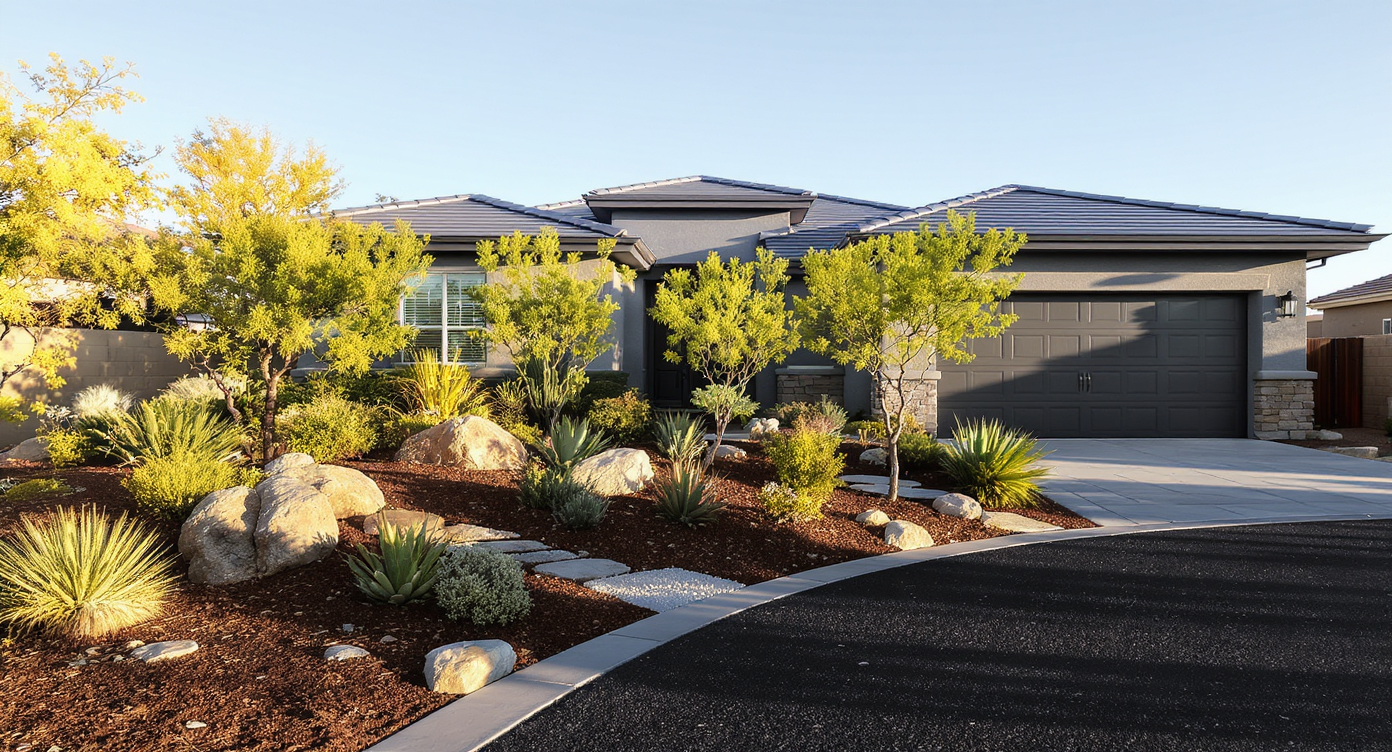 A suburban home in the Southwest shows a new driveway, landscaped berm with native plants for flood control, permeable paths, and sturdy siding.