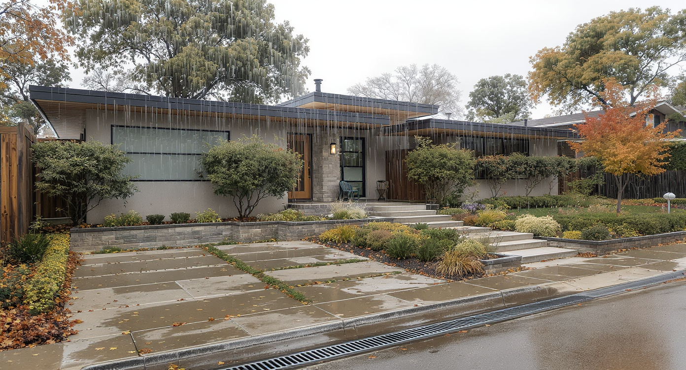 A midcentury home in Dallas with elevated patios, sloped walkways, and moisture-resistant siding stands dry in heavy autumn rain, with effective drainage visible.