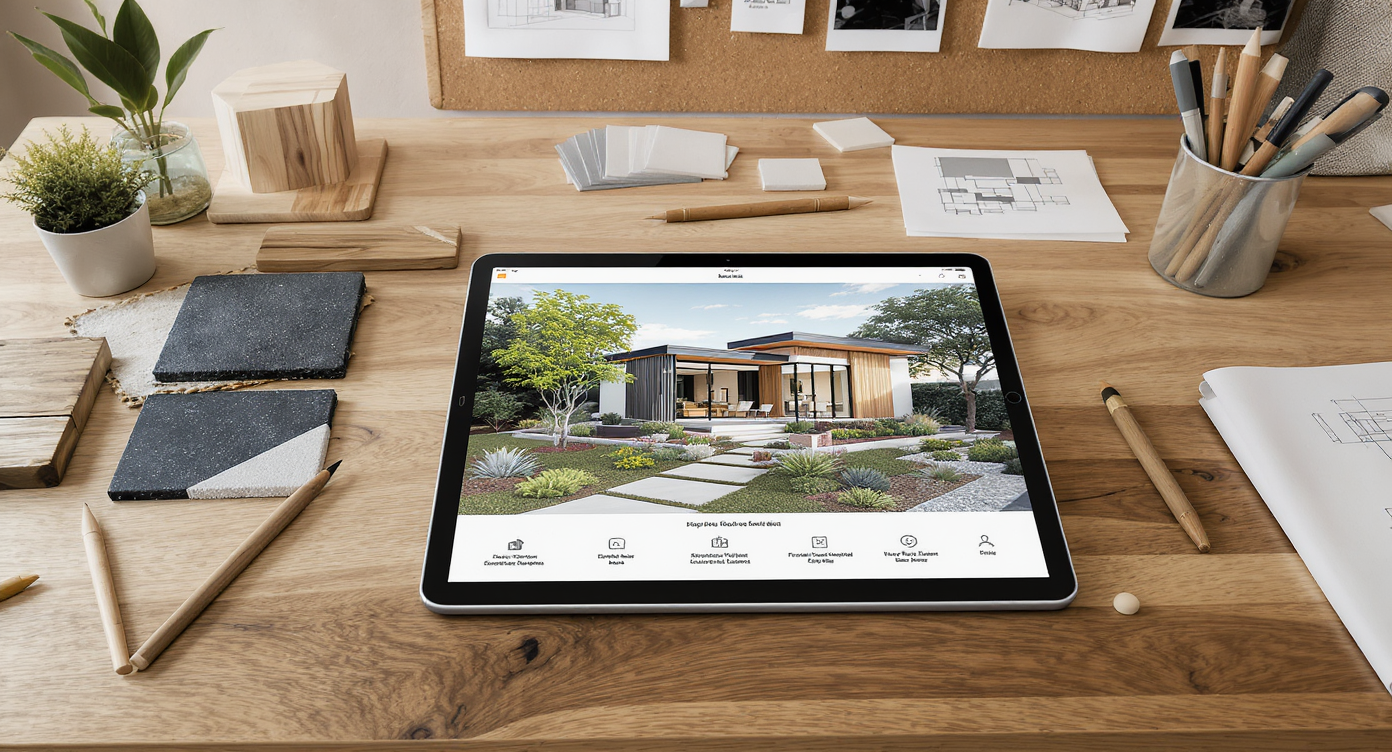 A photorealistic workspace with a tablet showing a resilient home exterior, surrounded by building materials, xeriscape samples, and a mood board.