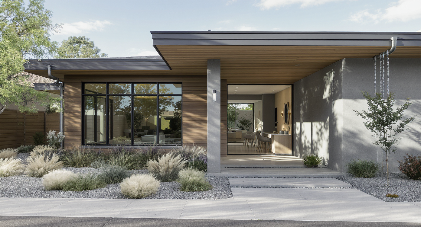 A modern home's front view highlights impact-rated windows, deep eaves, drought-resistant landscaping, permeable concrete, and climate-resilient features.
