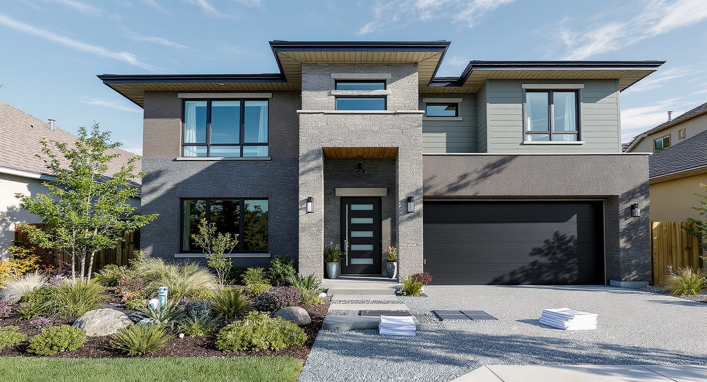 A modern home facade in 2026 with climate-resilient materials, water capture barrels, native landscaping, and risk assessment reports on the driveway.