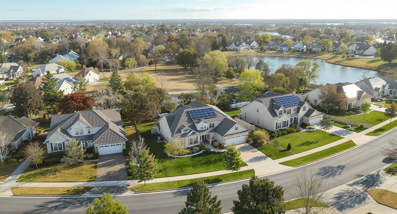 Aerial view of a modern suburban neighborhood with homes showing flood barriers, solar panels, and resilient landscaping in natural daylight.