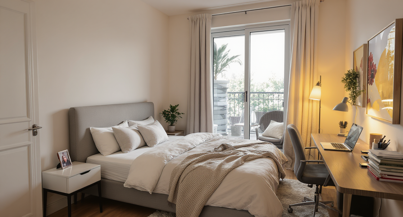 Compact bedroom with queen bed, small nightstand, narrow walkway, and built-in desk; access to balcony door is limited by bed placement.