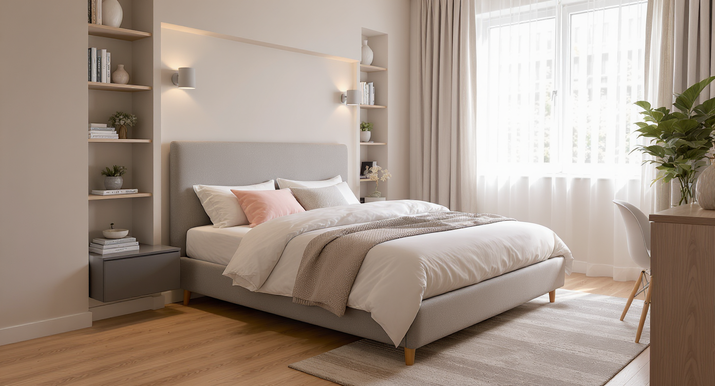 Photorealistic compact bedroom with a slim bed featuring built-in storage, vertical wall sconces, and light-reflecting décor for space and style.