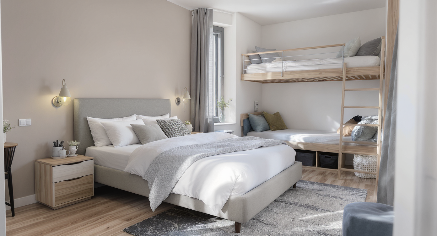 Contemporary compact bedroom featuring multiuse furniture: under-bed storage bins, a headboard with built-in shelves and outlets, and a modular dresser in a nook.