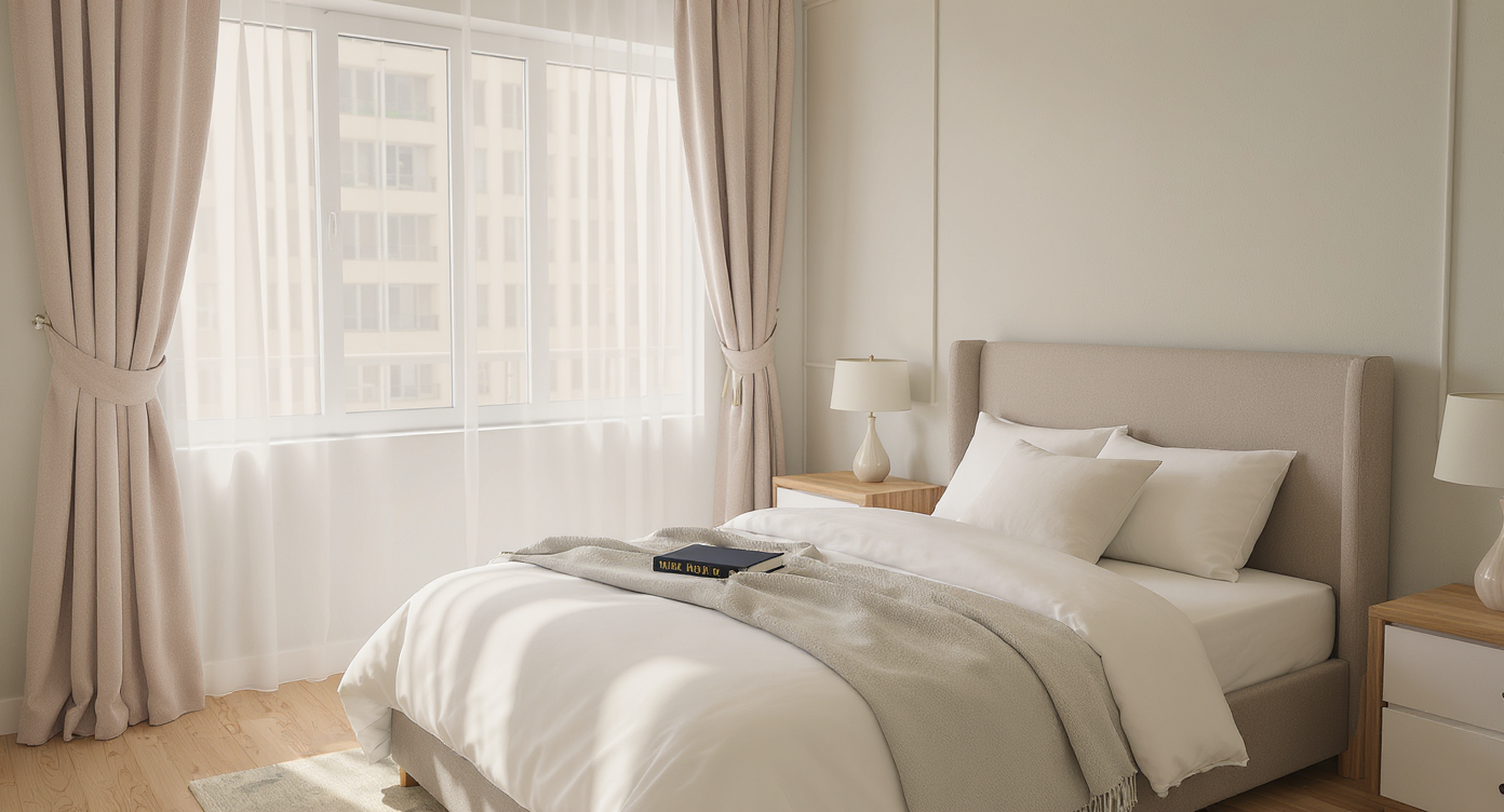 A compact modern bedroom with a queen-size bed, minimal bedside table, low storage bench, and built-in wardrobe, showing efficient space use.