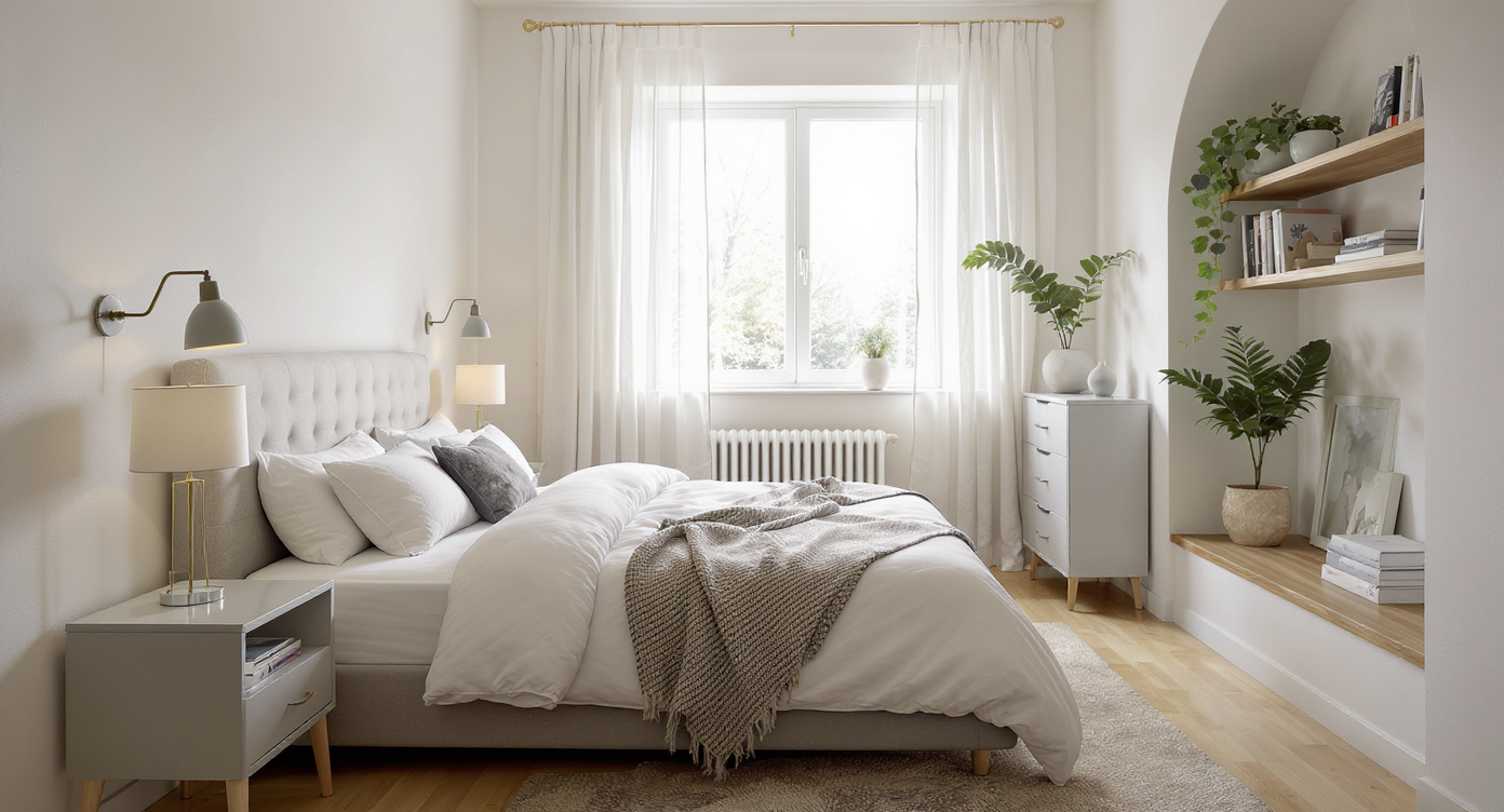 A modern compact bedroom features a queen bed with under-bed drawers, a single nightstand, a tall dresser with a lit mirror, and a mini-library alcove with shelving and plants.
