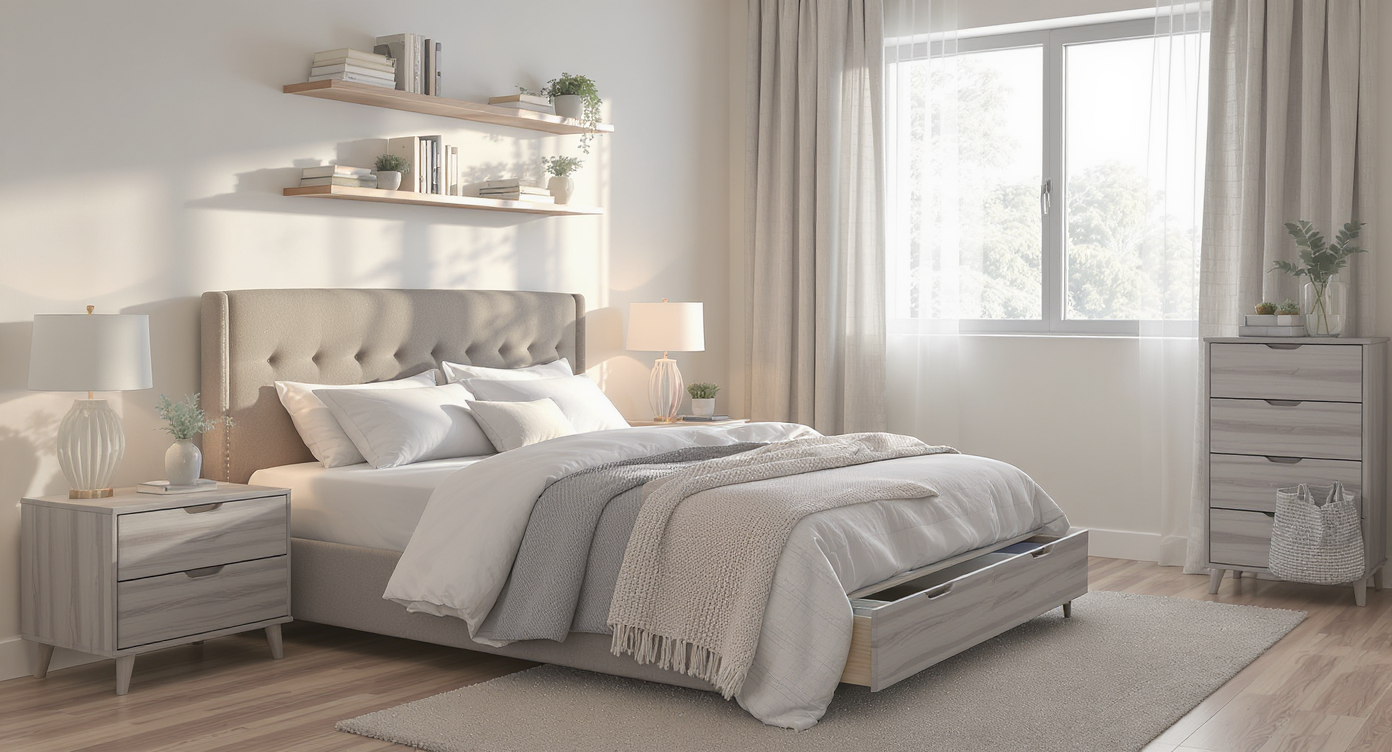 Smartly arranged small square bedroom with bed against wall, built-in storage headboard, floating shelves, wall lamps, under-bed drawer, and tall dresser.