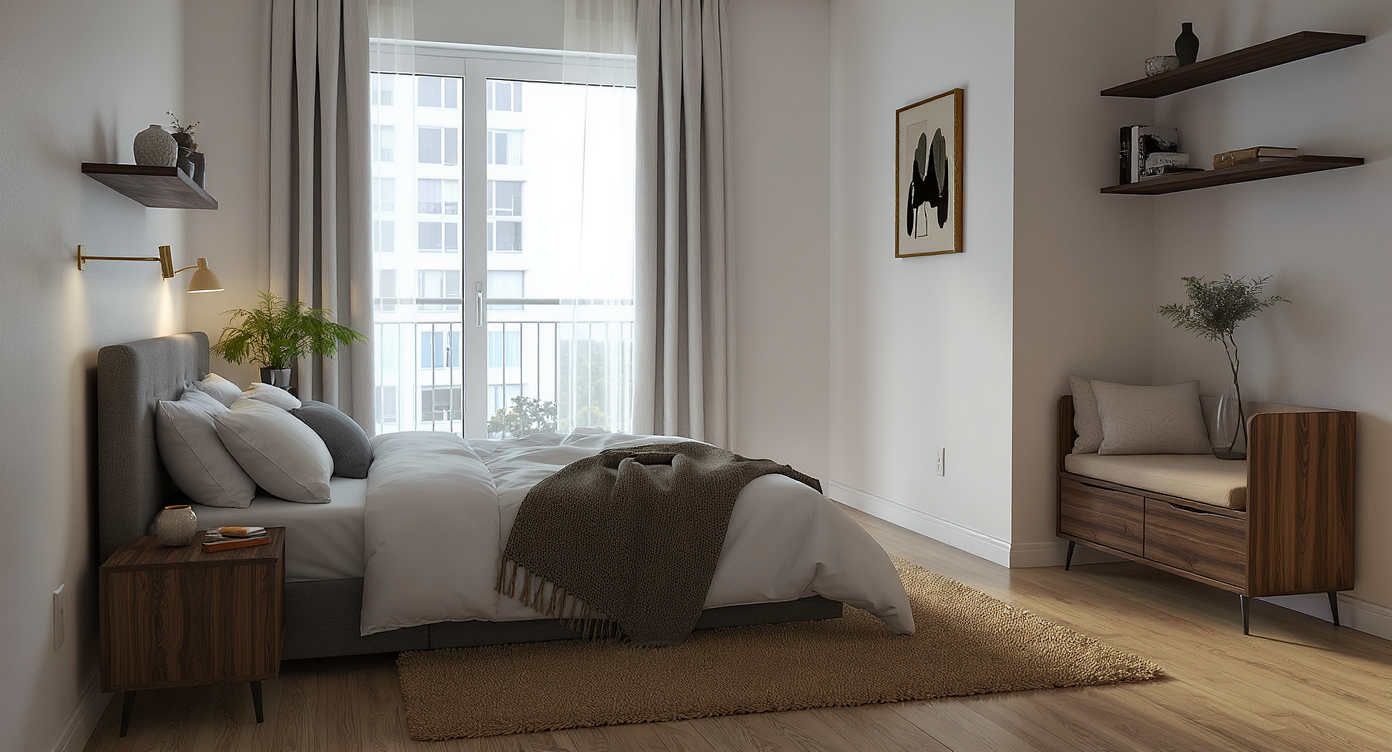 A small, sunlit bedroom featuring a queen bed by the wall, clear access to a balcony, wall shelf, slim dresser, and lounge nook daybed.