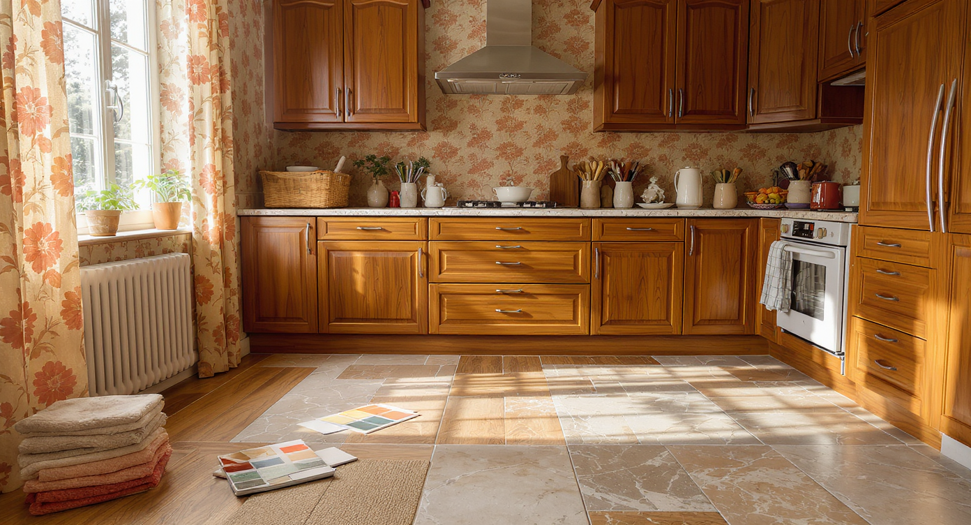 Warm 1970s-style kitchen with brown cabinets, patterned wallpaper, and various realistic flooring samples carefully arranged for comparison.