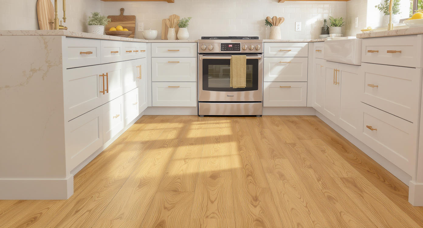 Modern warm-toned kitchen with natural oak hardwood flooring, warm white cabinets, cream marble counters, and brass accents in bright natural light.