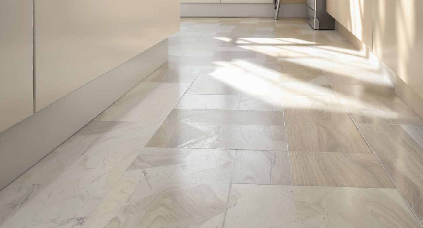 Warm-toned kitchen floor with subtly patterned stone-look tiles or mid-tone wood planks, minor crumbs and scuff marks naturally concealed by color variation.