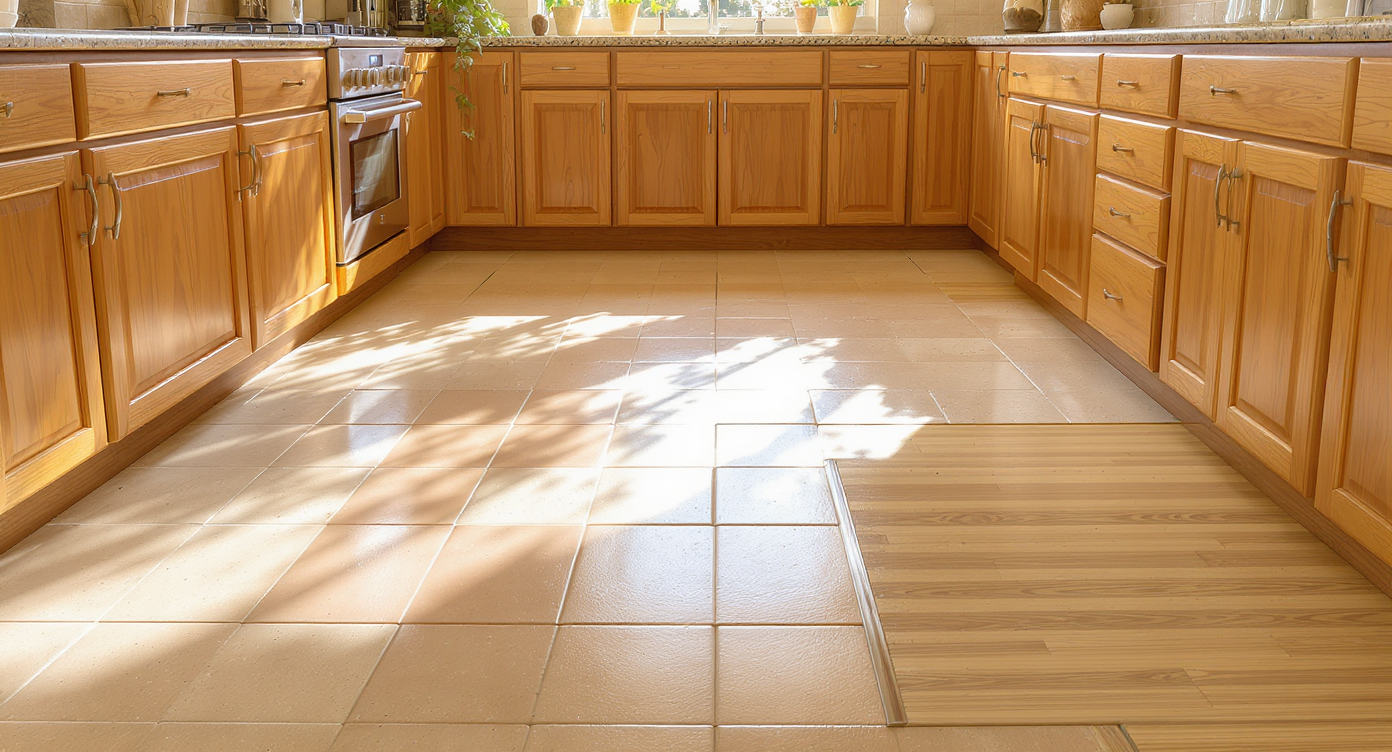 Photorealistic kitchen with soft brown cabinets and a mix of beige tile, terra cotta, and bamboo flooring, bathed in warm sunlight.