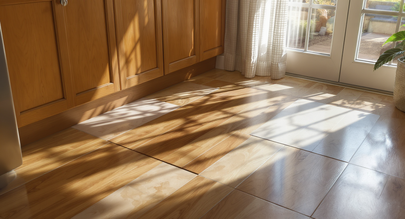 Flooring samples laid on a warm kitchen floor under natural light, shown alongside cabinets, wallpaper, drapery, and example photos at different times of day.