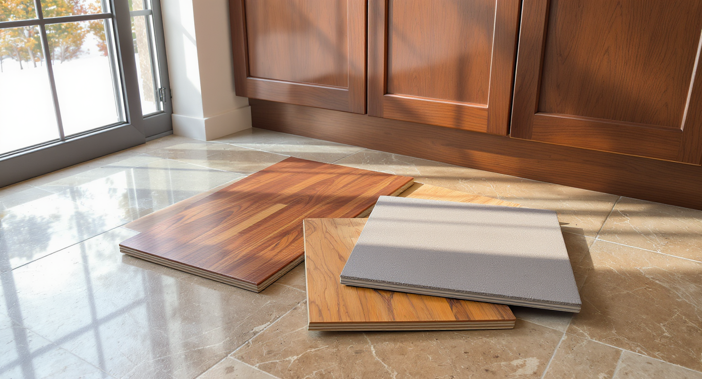 Three flooring samples—two wood and one gray tile—lay beside brown wood cabinets, their undertones highlighted by natural daylight in a modern kitchen.