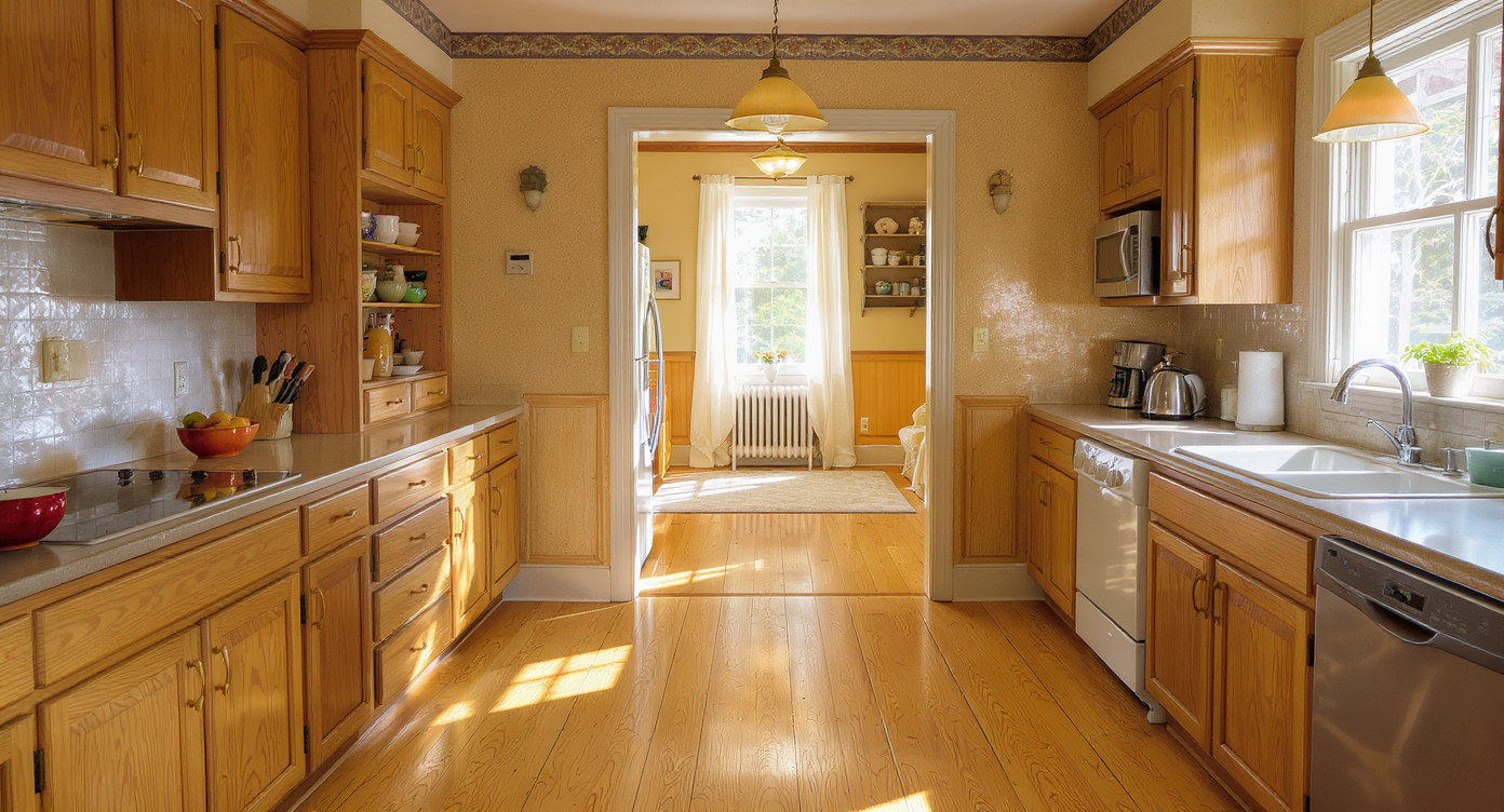 Warm-toned kitchen with original wood cabinetry, cork or wood patterned flooring, and a subtle floor transition into the foyer, showing balanced upgrades.
