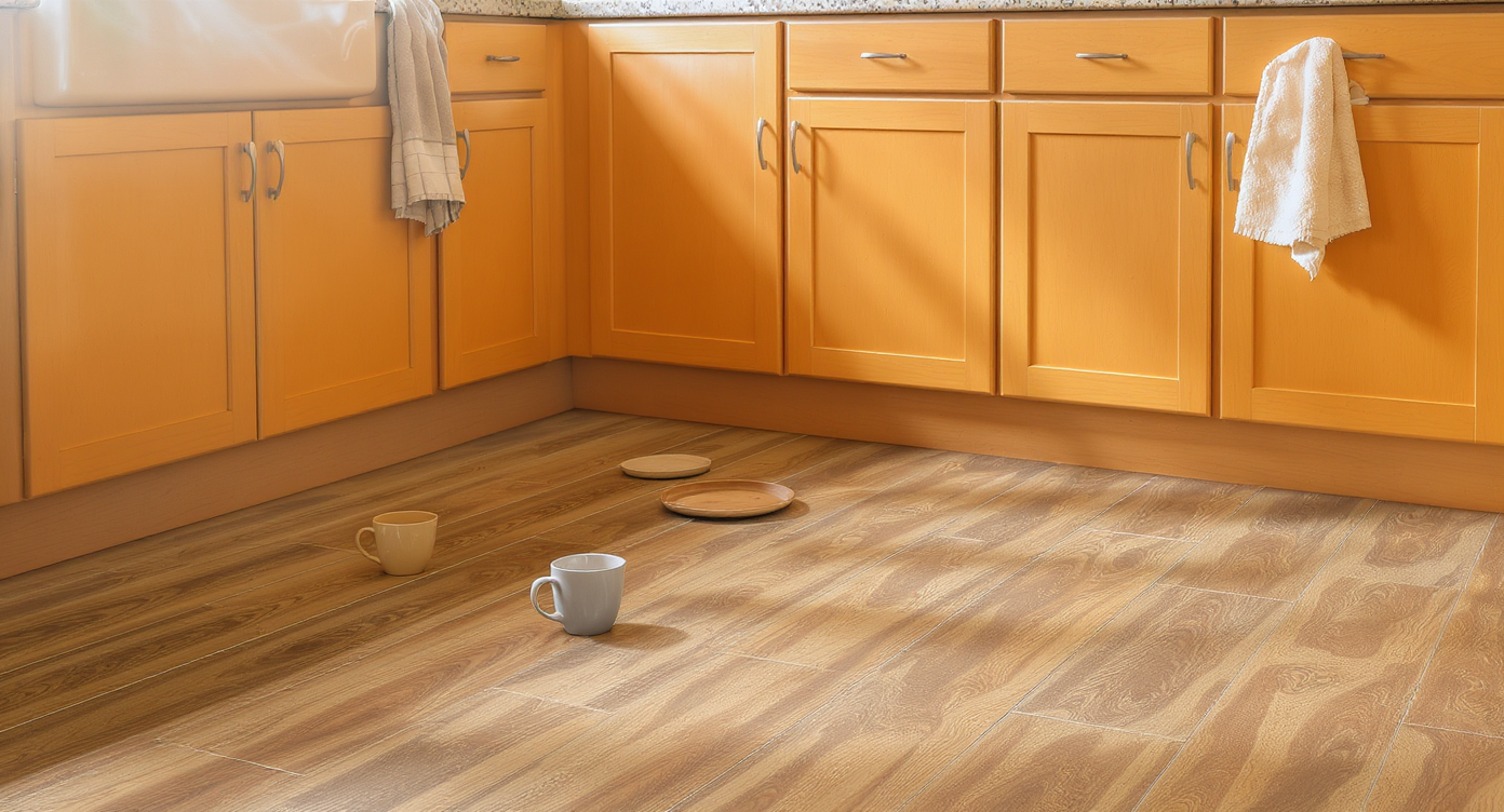 Warm-toned kitchen floor showing side-by-side sections of engineered wood, laminate, and cork; a dropped mug on cork remains unbroken, highlighting comfort.