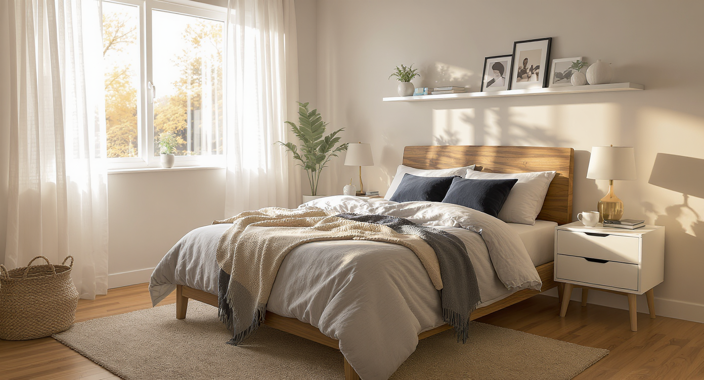 A peaceful, newly organized bedroom with a made bed, clean nightstand, and calming decor in soft daylight—no clutter, no people.
