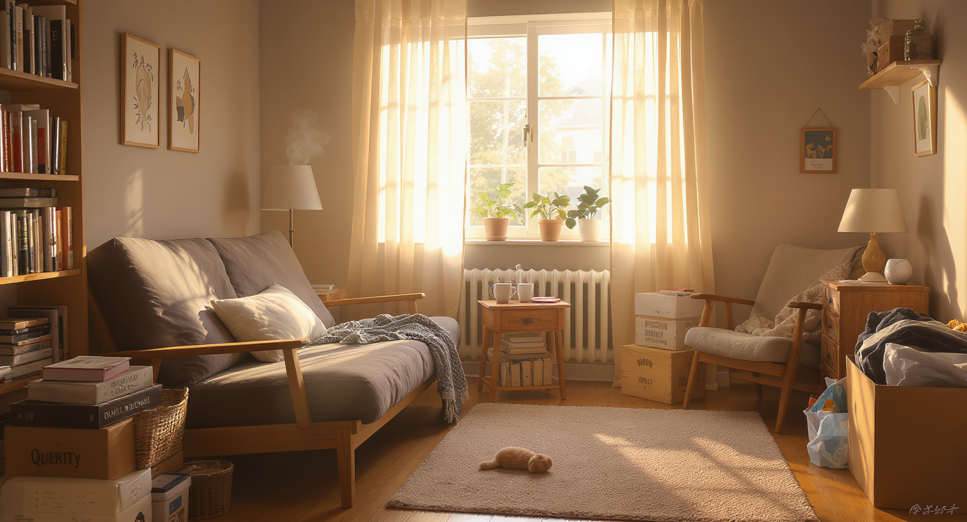 Sunlit small bedroom mid-reorganization with futon, handmade frame, bookshelf, open storage bin, crate nightstand, and cozy details.