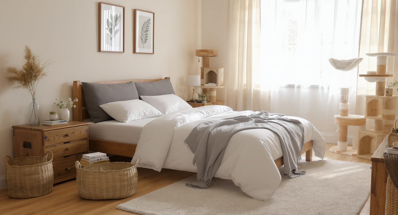 A tidy bedroom with a futon, vintage trunk as a nightstand, neat baskets and crates for storage, and a compact cat tree in the corner.