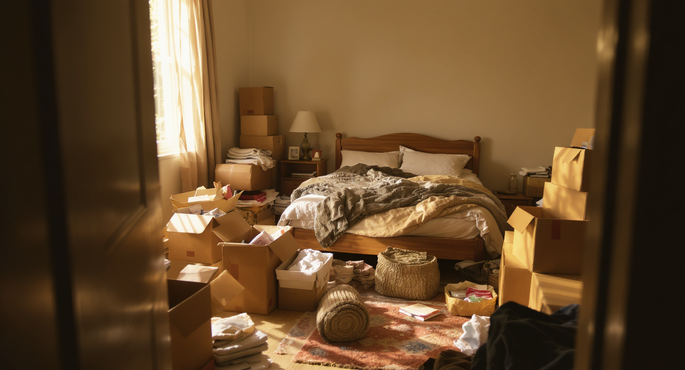 A realistic bedroom cluttered with packed boxes, an unmade bed, scattered household items, and mismatched furniture in natural afternoon light.