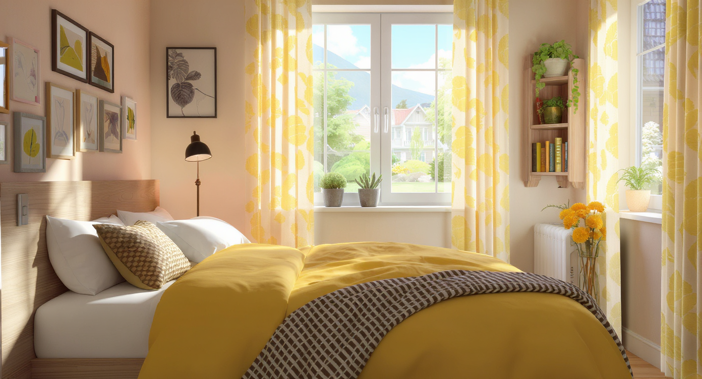 Photorealistic bedroom corner with a sunny yellow comforter, patterned throw, window panel, compact bookcase, potted plant, and travel memento.