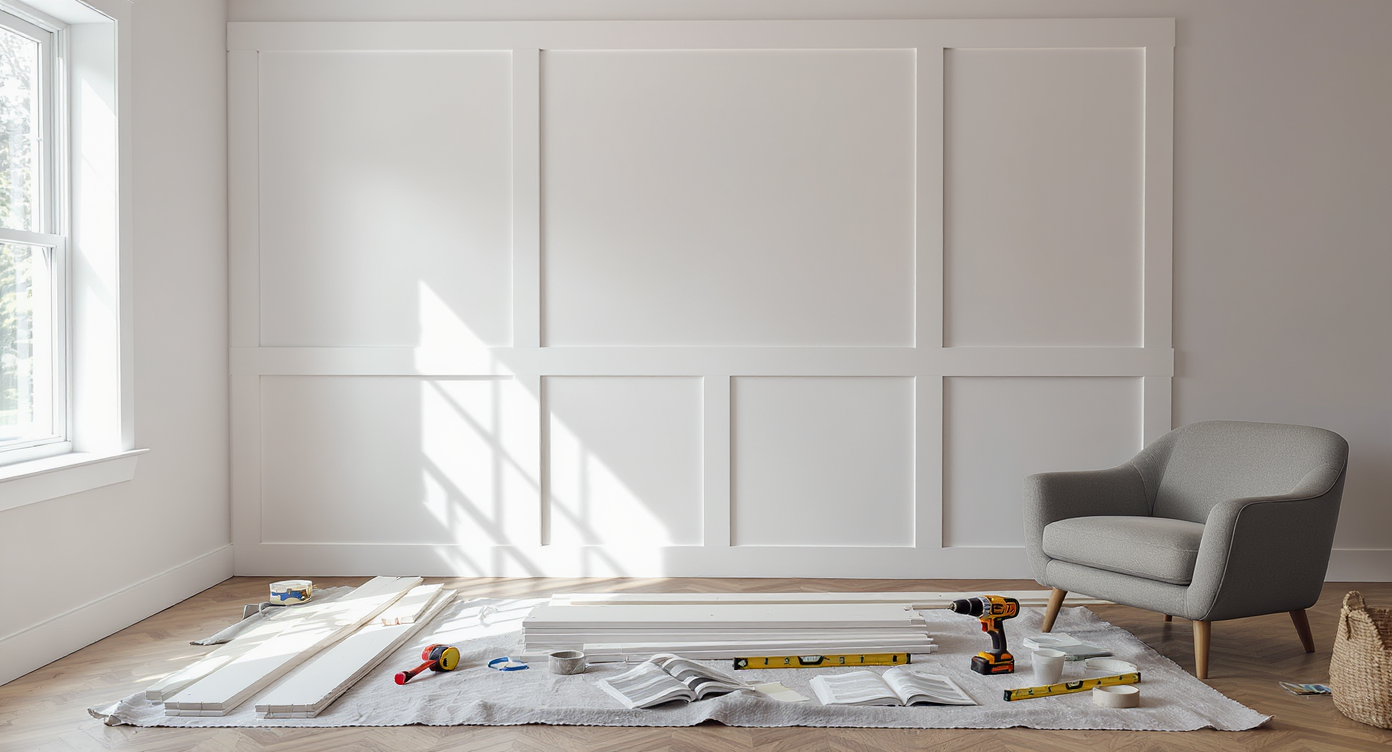 A modern living room with a partially completed board and batten accent wall, showing tools, materials, and supplies ready for a DIY project.