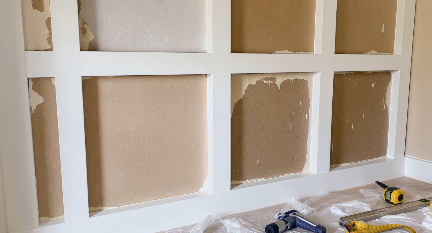 Partially completed board and batten wall shows varied surfaces, precise trim alignment, and tools nearby illustrating real project challenges.