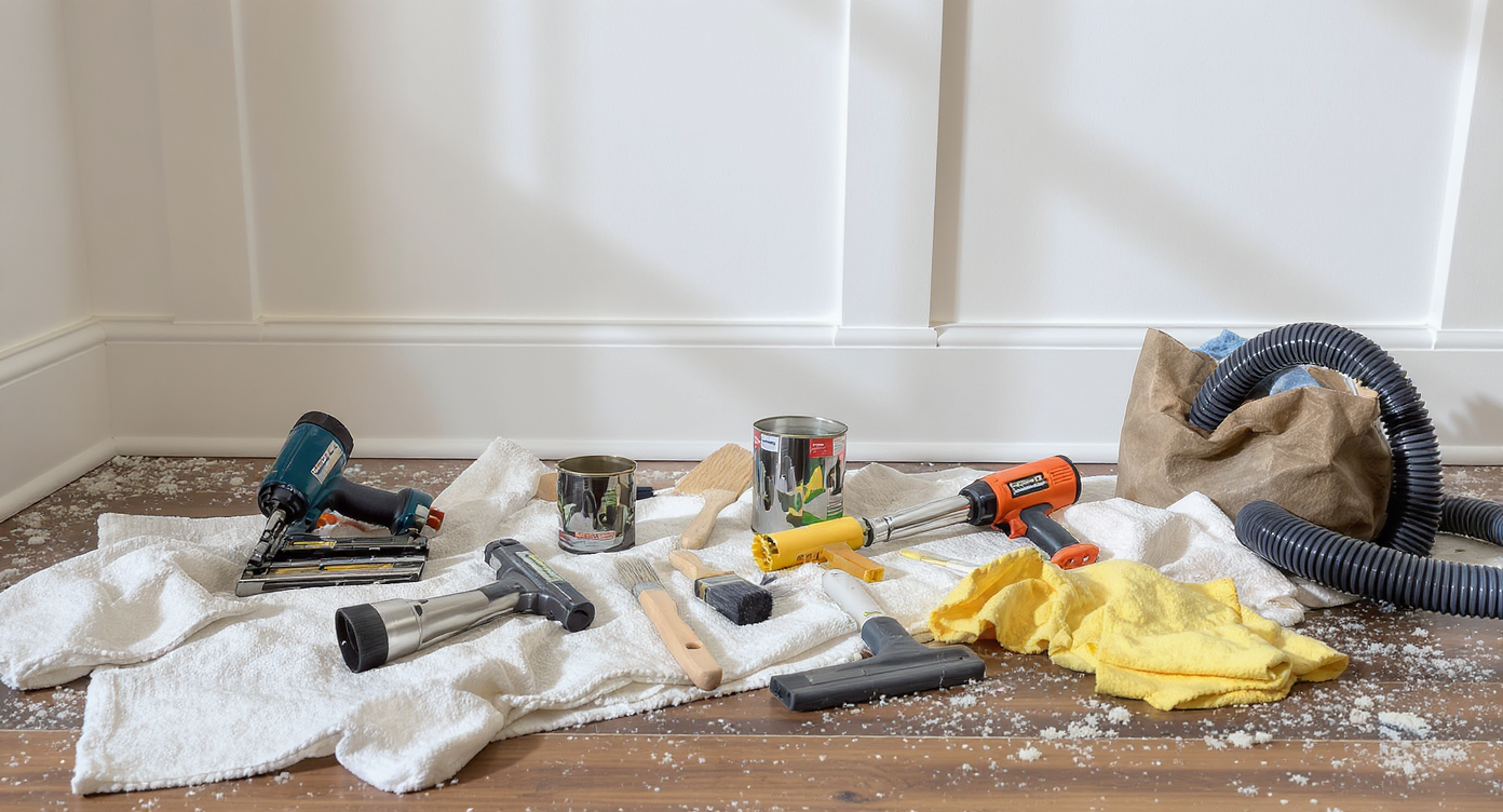 A board and batten accent wall with scattered sawdust, tools, caulking supplies, and cleaning materials neatly arranged, emphasizing post-project cleanup.