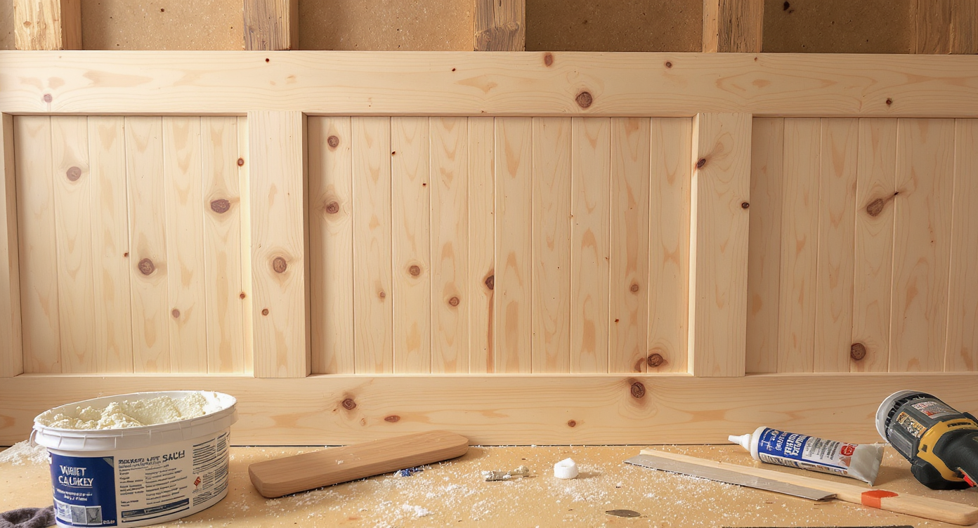 Close-up view of a board and batten wall undergoing finishing, with spackle, caulk, sanding tools, and primer arranged neatly.