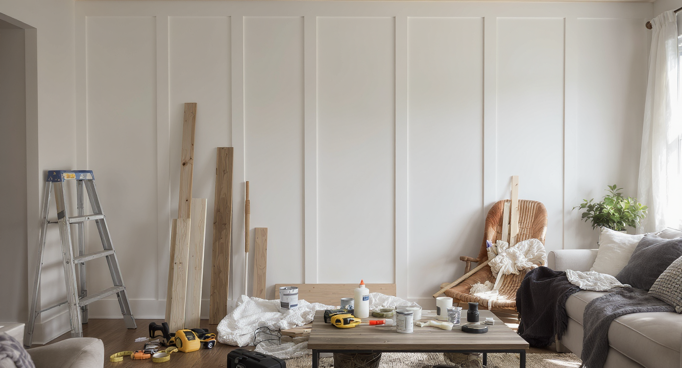 Half-finished board and batten accent wall in a bright, modern living room, with tools and materials neatly arranged, no people present.