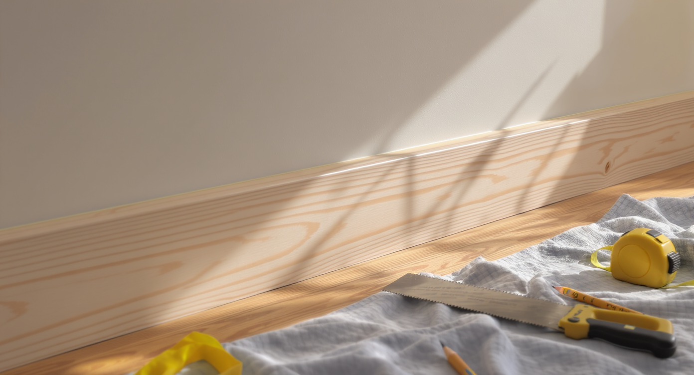 Board and batten wall with filler pieces and shims highlighting small gaps at an uneven ceiling, tools placed on a drop cloth nearby.