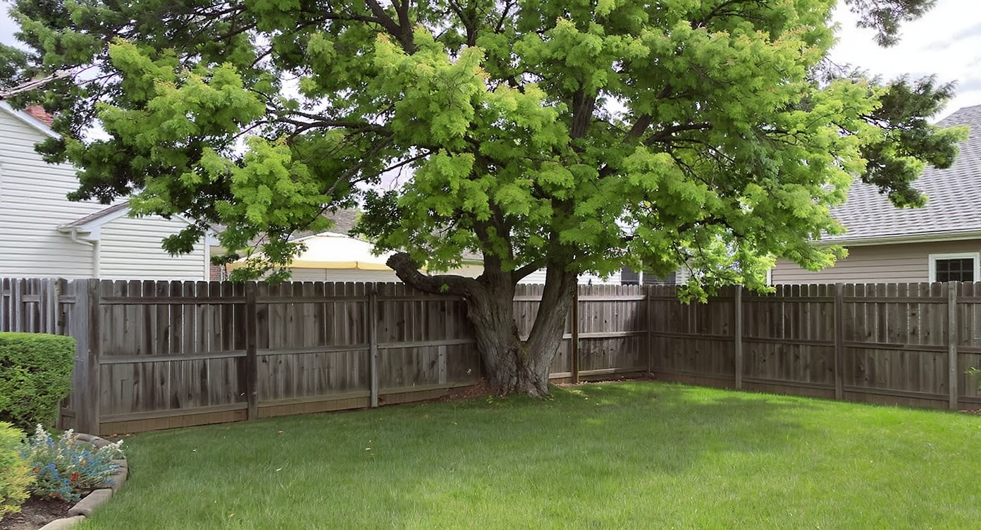 A realistic backyard view shows tree branches hanging over a fence, tools for tree inspection nearby, and signs of dead limbs or leaning trunk.