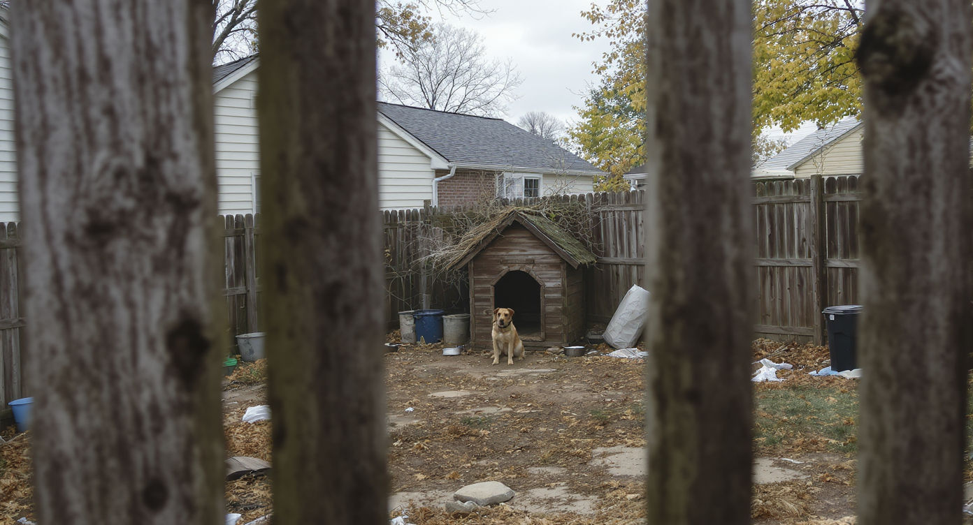 A realistic urban backyard divided by a fence: one side shows a lonely dog with empty bowls and poor shelter, the other a tidy, pet-friendly yard.