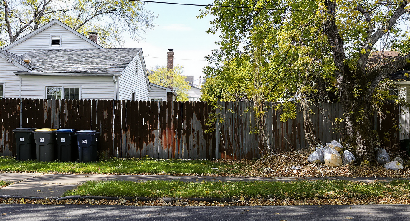 A realistic suburban property line showing a tidy house next to a yard with overflowing trash bins, overgrown grass, and encroaching tree branches.