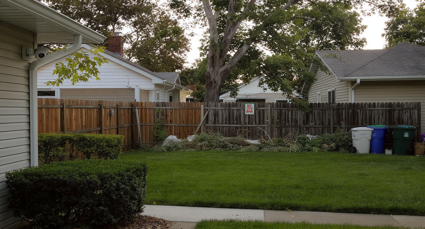A photorealistic view of two suburban homes separated by fences—one tidy with security features, the other visibly neglected with messy yard.