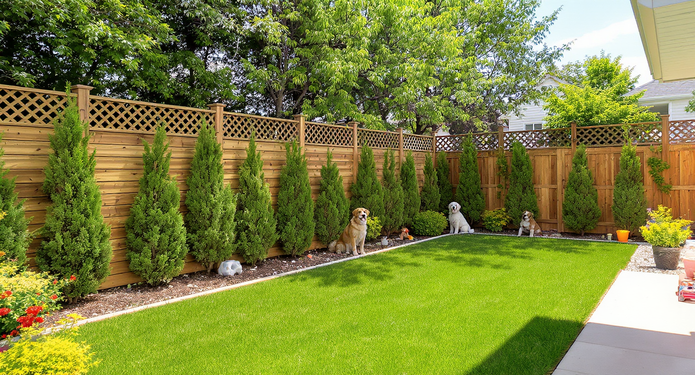 A modern backyard with an attractive wood privacy fence, dense evergreen screening, and dog-safe landscaping that enhances security and curb appeal.