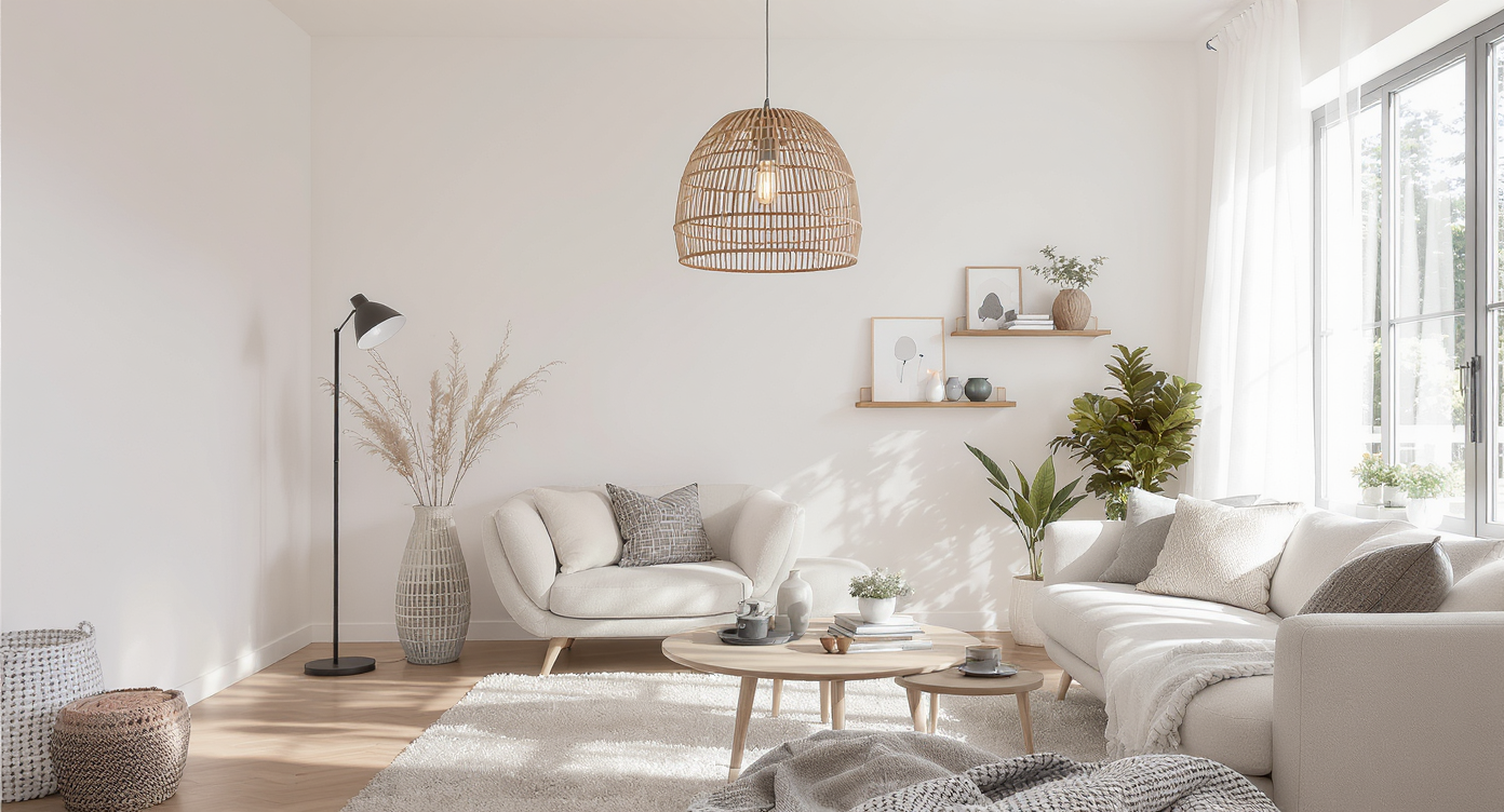 Contemporary living room featuring statement lighting and clear pet-friendly details—cat shelves, plush pet bed, pet feeding station, and no humans.