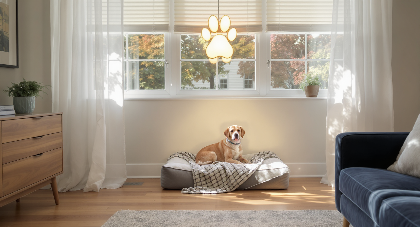 Modern living room with pet-friendly statement lighting, a cozy dog nook beneath a paw-shaped lamp, and a cat on a window seat.