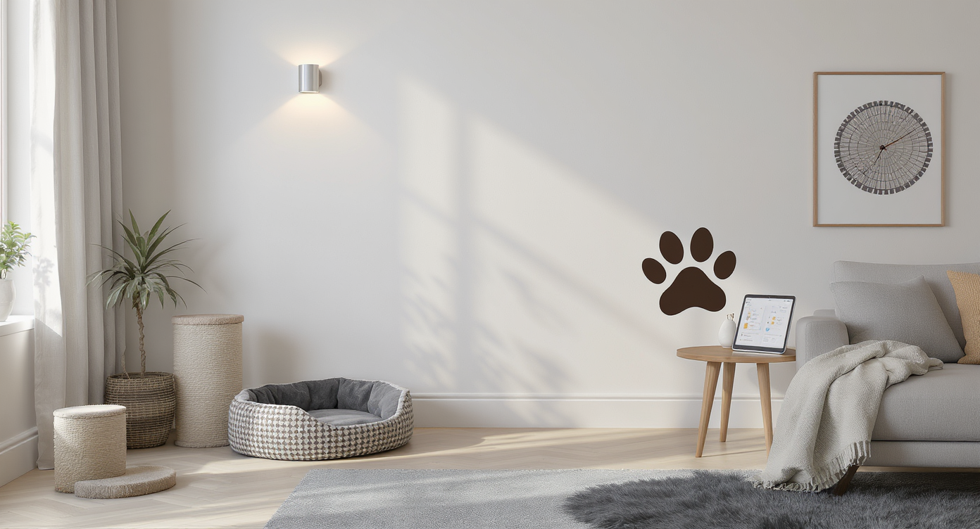 A pet-friendly living room with wall-mounted plug-in sconces, a cat bed, a removable paw decal, and a tablet displaying a lighting plan.