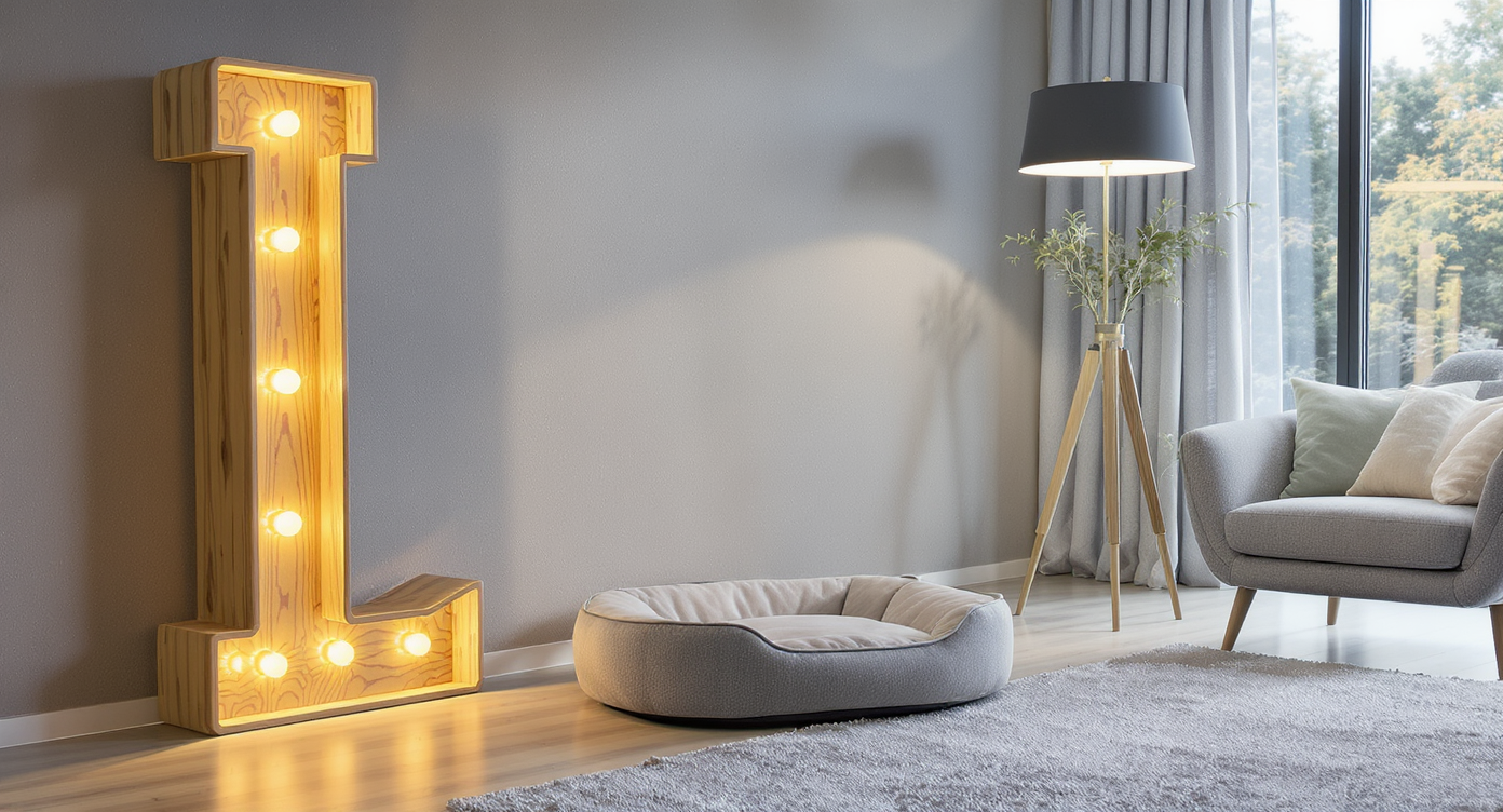 A stylish living room corner with a wooden marquee light mounted above a dog bed, showing pet-safe, durable lighting choices—no humans.