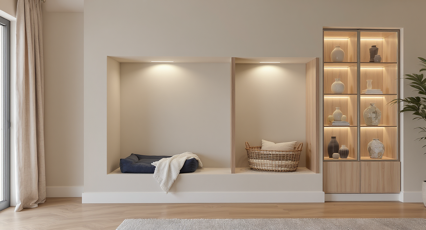 Modern living room with built-in pet alcoves softly lit by recessed LED lights, seamlessly integrated into clean, clutter-free decor.