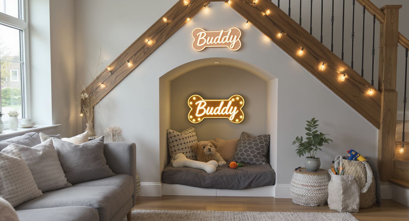 A modern dog nook under a staircase, featuring a glowing bone-shaped marquee light, custom nameplate, string lights, and DIY craft tools.