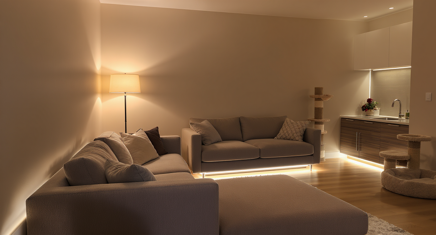 A pet-friendly living room uses layered lighting: soft dimmable LEDs for ambiance, accent LED strips, and brighter task lights for feeding zones.